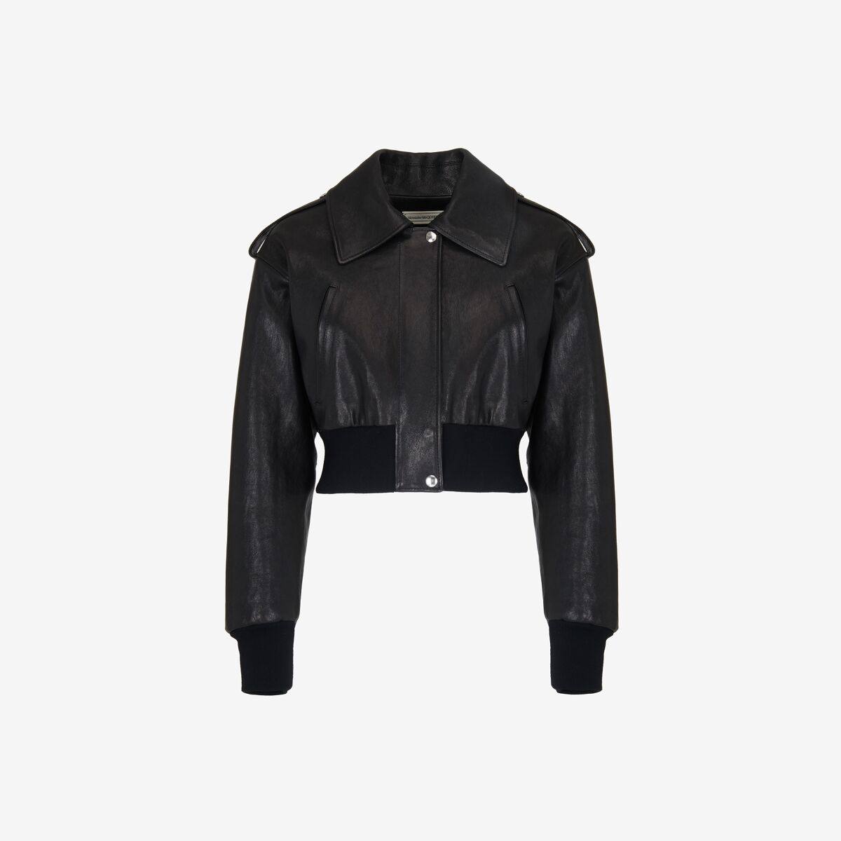 Alexander McQueen Women's Black Cropped Aviator Bomber Jacket - 10 (Lambskin)